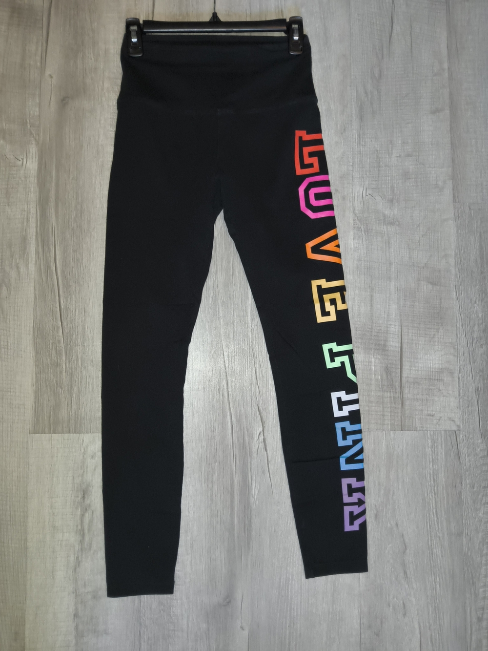 PINK Victoria's Secret Black Leggings with Rainbow LOVE PINK Side Logo